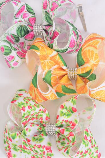 Hair Bow Jumbo Fruits Orange Strawberry Watermelon Pattern Mix Grosgrain Bow-tie / 12 pcs Bow = Dozen Alligator Clip , Size - 6" x 5 Wide , 4 of each Pattern Asst , Clip Strip & UPC Code