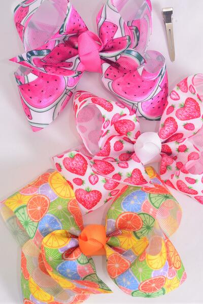 Hair Bow Jumbo Fruits Orange Strawberry Watermelon Pattern Mix Grosgrain Bow-tie / 12 pcs Bow = Dozen Alligator Clip , Size - 6" x 5 Wide , 4 of each Pattern Asst , Clip Strip & UPC Code