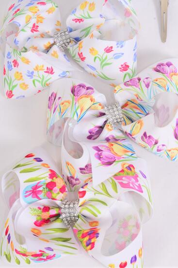 Hair Bow Jumbo Flower Tulips Grosgrain Bow-tie / 12 pcs Bow = Dozen Alligator Clip , Size - 6" x 5" Wide , 4 Of each Pattern Asst , Clip Strip & UPC Code