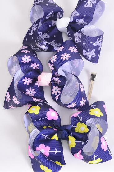 Hair Bow Jumbo Flower Bowtie Mix Grosgrain Bow-tie / 12 pcs Bow = Dozen Alligator Clip , Size - 6" x 5" Wide , 4 of each Pattern , Clip Strip & UPC Code