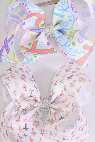 Hair Bow Jumbo Jesus Loves Me Cross Hair Bow Grosgrain Bow-tie / 12 pcs Bow = Dozen  Alligator Clip , Size - 6" x 5" Wide , 6 Of Each Pattern Asst , Clip Strip and UPC Code