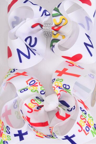 Hair Bow Jumbo Jesus Loves Me Grosgrain Bow-tie /  12 pcs Bow = Dozen  Jesus , Alligator Clip , Size - 6" x 5" Wide , 6 of each Pattern Asst , Clip Strip and UPC Code