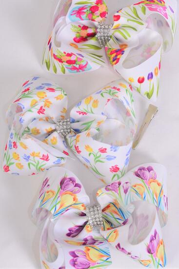 Hair Bow Jumbo Flower Tulips Grosgrain Bow-tie / 12 pcs Bow = Dozen Alligator Clip , Size - 6" x 5" Wide , 4 Of each Pattern Asst , Clip Strip & UPC Code