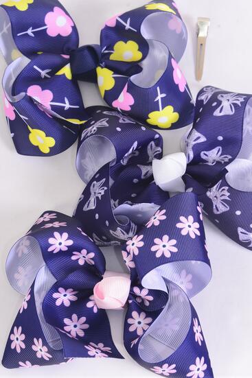 Hair Bow Jumbo Flower Bowtie Mix Grosgrain Bow-tie / 12 pcs Bow = Dozen Alligator Clip , Size - 6" x 5" Wide , 4 of each Pattern , Clip Strip & UPC Code