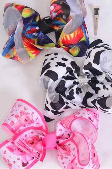 Hair Bow Jumbo Farm Cute Cow Rooster Piggy Pattern Mix Grosgrain Bow-tie / 12 pcs Bow = Dozen Alligator Clip , Size - 6" x 5" Wide , 4 of each Pattern Asst , Clip Strip & UPC Code