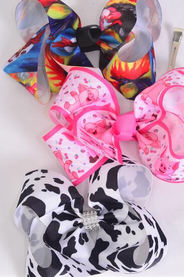Hair Bow Jumbo Farm Cute Cow Rooster Piggy Pattern Mix Grosgrain Bow-tie / 12 pcs Bow = Dozen Alligator Clip , Size - 6" x 5" Wide , 4 of each Pattern Asst , Clip Strip & UPC Code