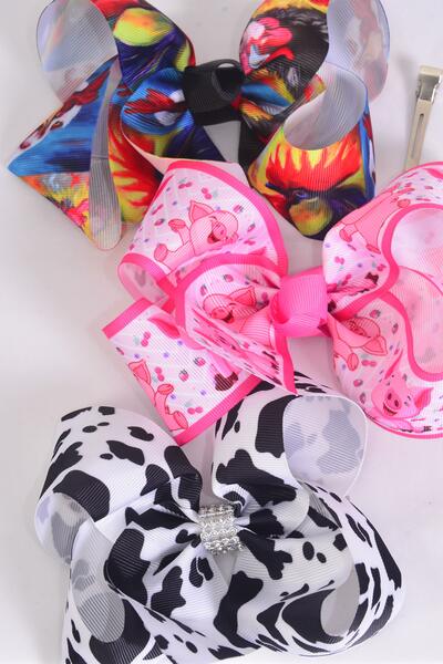 Hair Bow Jumbo Farm Cute Cow Rooster Piggy Pattern Mix Grosgrain Bow-tie / 12 pcs Bow = Dozen Alligator Clip , Size - 6" x 5" Wide , 4 of each Pattern Asst , Clip Strip & UPC Code