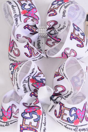 Hair Bow JumboI Jesus Loves Me Grosgrain Bow-tie /  12 pcs Bow = Dozen Jesus , Alligator Clip , Size - 6" x 5" Wide , 6 of each Pattern Asst , Clip Strip & UPC Code