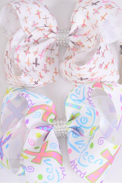 Hair Bow Jumbo Jesus Loves Me Cross Hair Bow Grosgrain Bow-tie / 12 pcs Bow = Dozen  Alligator Clip , Size - 6" x 5" Wide , 6 Of Each Pattern Asst , Clip Strip and UPC Code