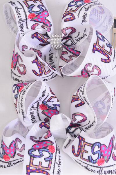 Hair Bow JumboI Jesus Loves Me Grosgrain Bow-tie /  12 pcs Bow = Dozen Jesus , Alligator Clip , Size - 6" x 5" Wide , 6 of each Pattern Asst , Clip Strip & UPC Code