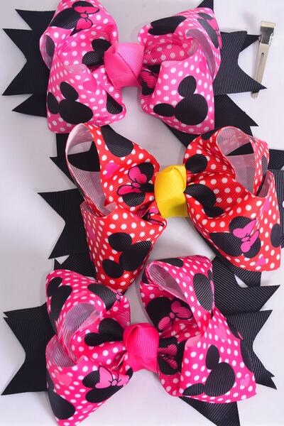 Hair Bow Jumbo Polka Dots Mouse Ear Grosgrain Bow-tie / 12 pcs = Dozen  Alligator Clip , Size - 6" x 5" Wide , 4 Of Each Pattern Asst , Clip Strip & UPC Code
