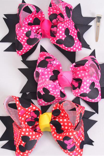 Hair Bow Jumbo Polka Dots Mouse Ear Grosgrain Bow-tie / 12 pcs = Dozen  Alligator Clip , Size - 6" x 5" Wide , 4 Of Each Pattern Asst , Clip Strip & UPC Code