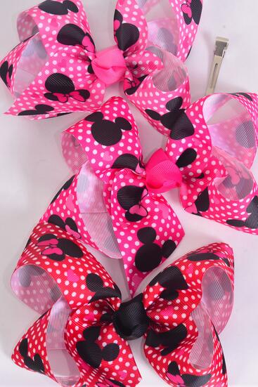 Hair Bow Jumbo Polka dots Mouse Ear Grosgrain Bow-tie / 12 pcs Bow = Dozen  Alligator Clip , Size - 6" x 5" Wide , 4 Hot Pink , 4 Fuchsia , 4 Red Color Mix , Clip Strip & UPC Code