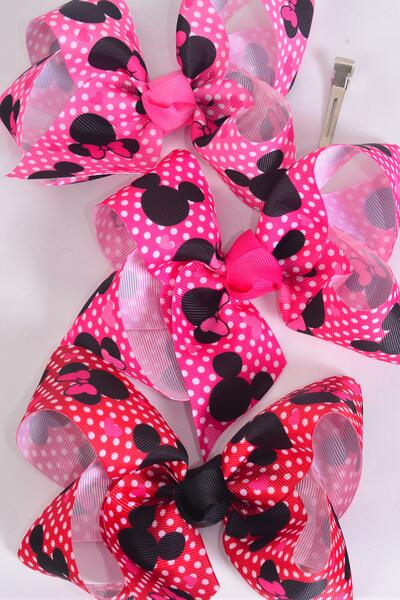 Hair Bow Jumbo Polka dots Mouse Ear Grosgrain Bow-tie / 12 pcs Bow = Dozen  Alligator Clip , Size - 6" x 5" Wide , 4 Hot Pink , 4 Fuchsia , 4 Red Color Mix , Clip Strip & UPC Code