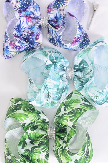 Hair Bow Jumbo Tropical Foliage Grosgrain Bow-tie / 12 pcs Bow = Dozen Alligator Clip , Size - 6" x 5" Wide , 4 Of Each Pattern Asst , Clip Strip and UPC Code