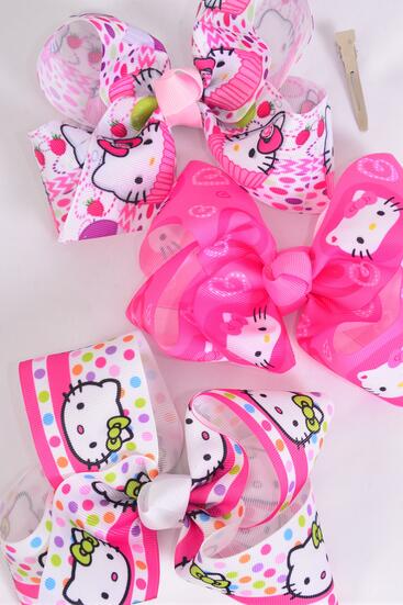 Hair Bow Jumbo Cute Kitty Grosgrain Bow-tie / 12 pcs Bow = Dozen  Alligator Clip , Size - 6" x 5" Wide , 4 of each Pattern Asst , Clip Strip & UPC Code