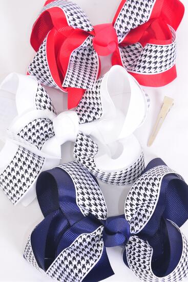 Hair Bow Jumbo Double Layered Hound tooth Grosgrain Bow-tie / 12 pcs Bow = Dozen Alligator Clip , Bow - 6 x 5" Wide , 4 White , 4 Red , 4 Navy Asst , Clip Strip and UPC Code