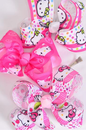 Hair Bow Jumbo Cute Kitty Grosgrain Bow-tie / 12 pcs Bow = Dozen  Alligator Clip , Size - 6" x 5" Wide , 4 of each Pattern Asst , Clip Strip & UPC Code