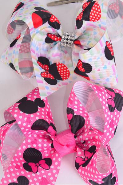 Hair Bow Jumbo Polka dots Mouse Ear Mix Grosgrain Bow-tie /12 pcs = Dozen Alligator Clip , Size - 6" x 5" Wide , 6 Of Each Pattern Asst , Clip Strip & UPC Code