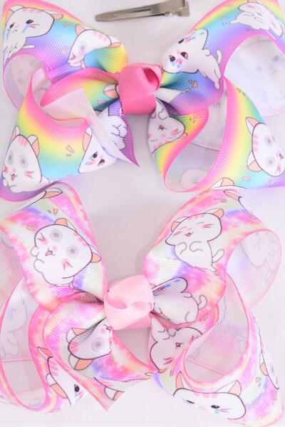 Hair Bow Jumbo Cute Kitty Cat Grosgrain Bow-tie / 12 pcs Bow = Dozen Alligator Clip , Size - 6" x 5" Wide , 6 Of Each Pattern Asst , Clip Strip & UPC Code