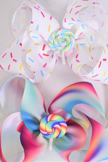 Hair Bow Jumbo Tiedye Sprinkles Lollipop Charm Grosgrain Bow-tie / 12 pcs Bow = Dozen Lollipop , Alligator Clip , Size - 6" x 5" Wide , 3 of each Color Asst , Clip Strip and UPC Code