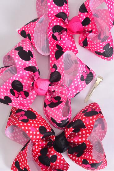 Hair Bow Jumbo Polka dots Mouse Ear Grosgrain Bow-tie / 12 pcs Bow = Dozen  Alligator Clip , Size - 6" x 5" Wide , 4 Hot Pink , 4 Fuchsia , 4 Red Color Mix , Clip Strip & UPC Code