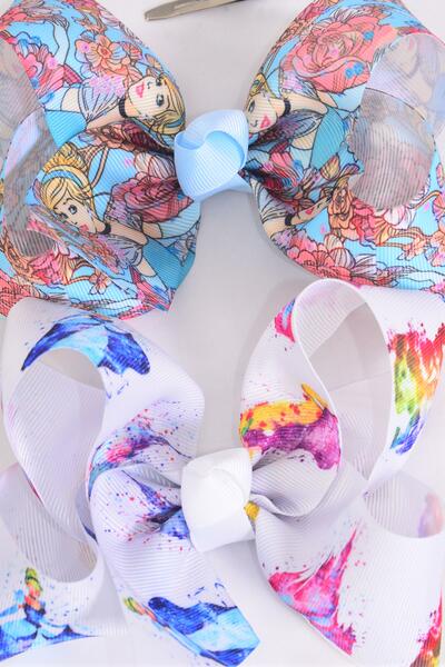 Hair Bow Jumbo Cinderella Castle Beauty and Beast Mix Grosgrain Bow-tie / 12 pcs Bow = Dozen  Alligator Clip , Size - 6" x 5" Wide , 6 Of Each Pattern Asst , Clip Strip & UPC Code