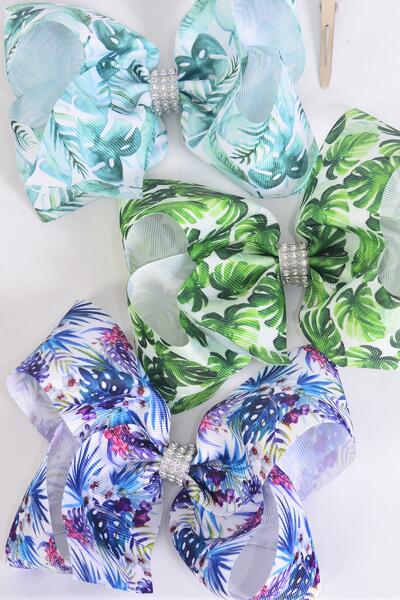 Hair Bow Jumbo Tropical Foliage Grosgrain Bow-tie / 12 pcs Bow = Dozen Alligator Clip , Size - 6" x 5" Wide , 4 Of Each Pattern Asst , Clip Strip and UPC Code