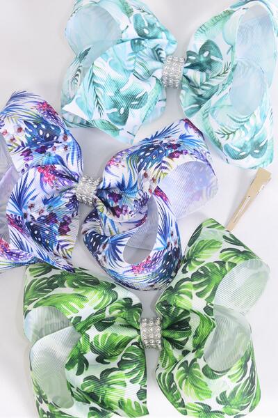 Hair Bow Jumbo Tropical Foliage Grosgrain Bow-tie / 12 pcs Bow = Dozen Alligator Clip , Size - 6" x 5" Wide , 4 Of Each Pattern Asst , Clip Strip and UPC Code