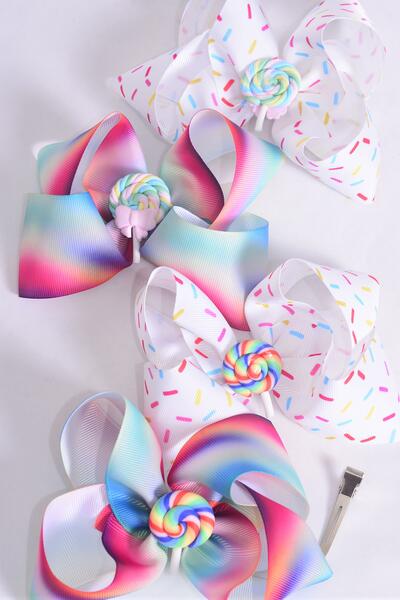 Hair Bow Jumbo Tiedye Sprinkles Lollipop Charm Grosgrain Bow-tie / 12 pcs Bow = Dozen Lollipop , Alligator Clip , Size - 6" x 5" Wide , 3 of each Color Asst , Clip Strip and UPC Code