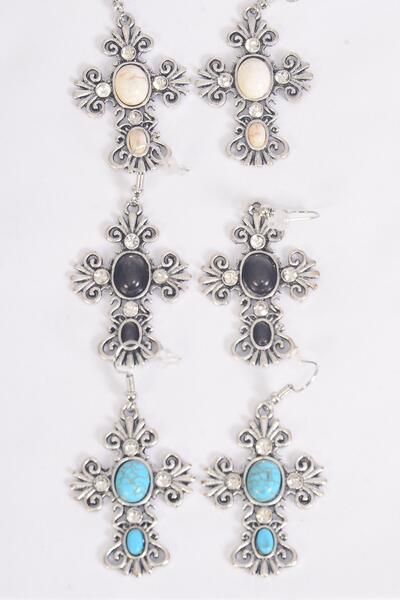 Earrings Metal Antique Cross Semiprecious Stone / 12 pair = Dozen match 75025 Fish Hook , Size - 1.75" x 1.25" Wide , 4 Black , 4 Ivory , 4 Turquoise Asst , Earring Card & OPP Bag & UPC Code
