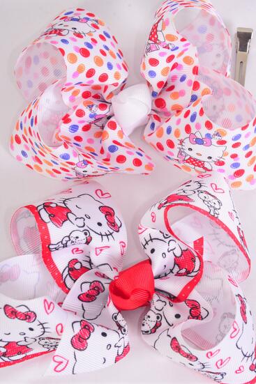 Hair Bow Jumbo Cute Anime Kitty Grosgrain Bow-tie / 12 pcs = Dozen Alligator Clip , Size - 6" x 5" Wide , 6 Of Each Pattern Asst , Clip Strip & UPC Code