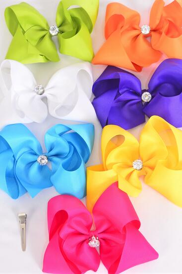 Hair Bow Jumbo Citrus Center 12 mm CZ Cubic Zirconium Grosgrain Bow-tie / 12 pcs Bow = Dozen Alligator Clip , Size - 6" x 5" Wide , 2 White , 2 Fuchsia , 2 Blue , 2 Yellow , 2 Purple , 1 Orange , 1 Lime Color Asst , Clip Strip & UPC Code