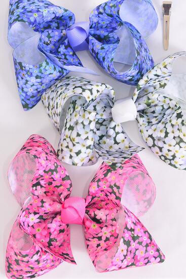 Hair Bow Jumbo Spring Flowers Grosgrain Bow-tie / 12 pcs Bow = Dozen Alligator Clip , Size - 6" x 5" Wide , 4 of each Pattern , Clip Strip & UPC Code