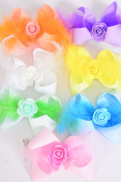 Hair Bow Jumbo Feather Rose Grosgrain Bow-tie / 12 pcs bow = Dozen Alligator Clip , Bow - 6" x 5" , 2 White , 2  Pink , 2 Blue , 2 Purple , 2 Yellow , 1 Hot Pink ,1 Peach Color Mix , Clip Strip & UPC Code