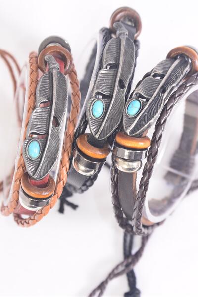 Bracelet Real Leather Band & Feather Triple Strand / 12 pcs = Dozen  Unisex , Adjustable , 4 Black , 4 Dark Brown , 4 Medium Brown Pattern Mix , Individual Hang tag & OPP Bag & UPC Code