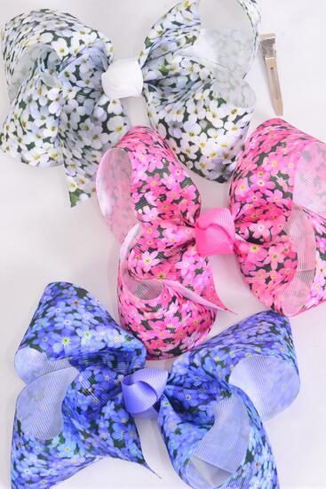 Hair Bow Jumbo Spring Flowers Grosgrain Bow-tie / 12 pcs Bow = Dozen Alligator Clip , Size - 6" x 5" Wide , 4 of each Pattern , Clip Strip & UPC Code