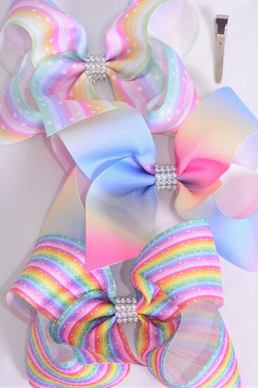 Hair Bow Jumbo Rainbow Star Tiedye Colors Grosgrain Bow-tie / 12 pcs Bow = Dozen   Alligator Clip , Size - 6" x 5" Wide , 4 of each Pattern Asst , Clip Strip & UPC Code