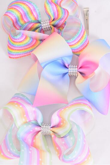 Hair Bow Jumbo Rainbow Star Tie dye Colors Mix Grosgrain Bow-tie / 12 pcs Bow = Dozen  Alligator Clip , Size - 6" x 5" Wide , 4 of each Pattern Asst , Clip Strip & UPC Code