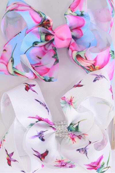 Hair Bow Jumbo Bird Grosgrain Bow-tie Hummingbird /  12 pcs Bow = Dozen  Alligator Clip , Size - 6" x 5" Wide , 6 Of Each Pattern Asst , Clip Strip & UPC Code