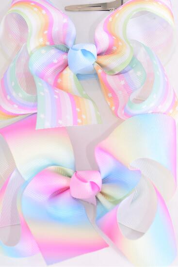 Hair Bow Jumbo Pastel Tiedye Rainbow Stars Grosgrain Bow-tie /  12 pcs Bow = Dozen  Alligator Clip , Size - 6" x 5" Wide , 6 Of Each Pattern Asst , Clip Strip & UPC Code