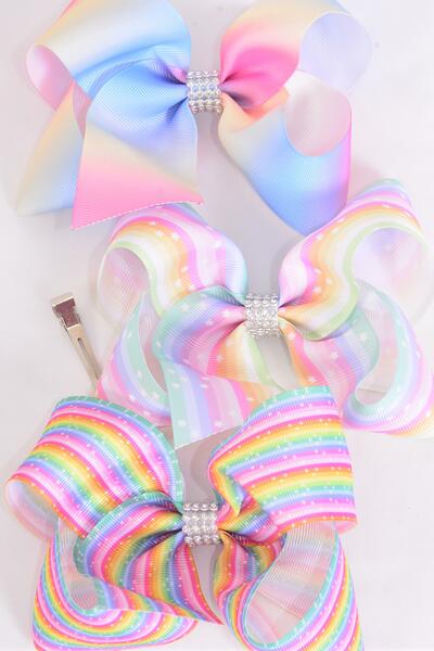 Hair Bow Jumbo Rainbow Star Tiedye Colors Grosgrain Bow-tie / 12 pcs Bow = Dozen   Alligator Clip , Size - 6" x 5" Wide , 4 of each Pattern Asst , Clip Strip & UPC Code