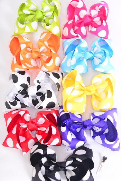Hair Bow Jumbo Polka dots Grosgrain Bow-tie Multi / 12 pcs Bow = Dozen Alligator Clip , Bow - 6" x 5" , 2 Fuchsia , 2 White , 2 Black , 1 Lime , 1 Orange , 1 Blue , 1 Red , 1 Yellow , 1 Purple , Clip Strip &  UPC Code