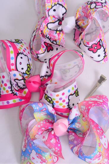 Hair Bow Jumbo Cute Kitty Mix Grosgrain Bow-tie /  12 pcs Bow = Dozen  Alligator Clip , Size - 6" x 5" Wide , 4 Of Each Pattern Asst , Clip Strip & UPC Code
