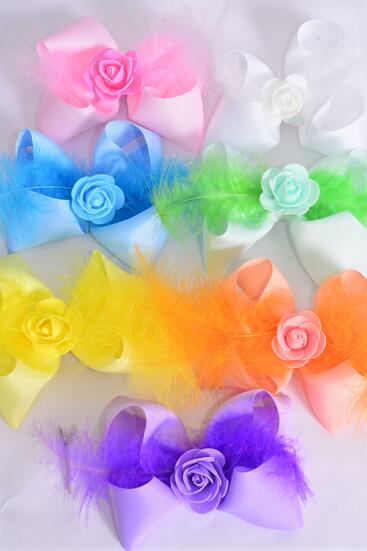 Hair Bow Jumbo Feather Rose Grosgrain Bow-tie / 12 pcs bow = Dozen Alligator Clip , Bow - 6" x 5" , 2 White , 2  Pink , 2 Blue , 2 Purple , 2 Yellow , 1 Hot Pink ,1 Peach Color Mix , Clip Strip & UPC Code