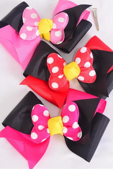 Hair Bow Extra Jumbo Cheer Type Bow Double Layered Polka dot Grosgrain Bow-tie Pink Mix / 12 pcs Bow = Dozen  Alligator Clip , Size - 7" x 6" Wide , 4 Red , 4 Fucvhsia , 4 Hot Pink Color Asst , Clip Strip & UPC Code