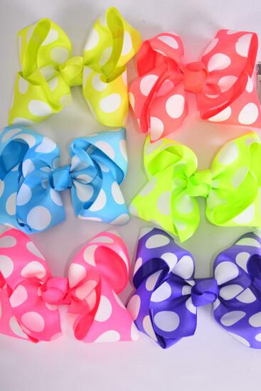 Hair Bow Jumbo Caribbean Neon Polka dots Grosgrain Bow-tie / 12 pcs Bow = Dozen Caribbean Neon , Alligator Clip , Size - 6" x 5" Wide , 2 of each Pattern Mix , Clip Strip & UPC Code
