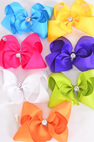 Hair Bow Jumbo Citrus Center 12 mm CZ Cubic Zirconium Grosgrain Bow-tie / 12 pcs Bow = Dozen Alligator Clip , Size - 6" x 5" Wide , 2 White , 2 Fuchsia , 2 Blue , 2 Yellow , 2 Purple , 1 Orange , 1 Lime Color Asst , Clip Strip & UPC Code