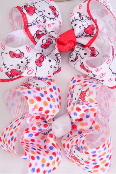 Hair Bow Jumbo Cute Anime Kitty Grosgrain Bow-tie / 12 pcs = Dozen Alligator Clip , Size - 6" x 5" Wide , 6 Of Each Pattern Asst , Clip Strip & UPC Code
