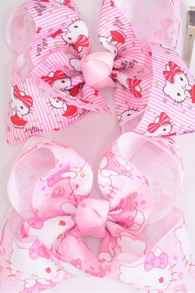 Hair Bow Jumbo Cute Kitty Grosgrain Bow-tie / 12 pcs = Dozen  Alligator Clip , Size - 6" x 5" Wide , 6 Of Each Pattern Asst , Clip Strip & UPC Code